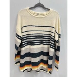 Main Strip Striped Knit Sweater Large Cream Navy Rainbow Trim Cozy Pullover
